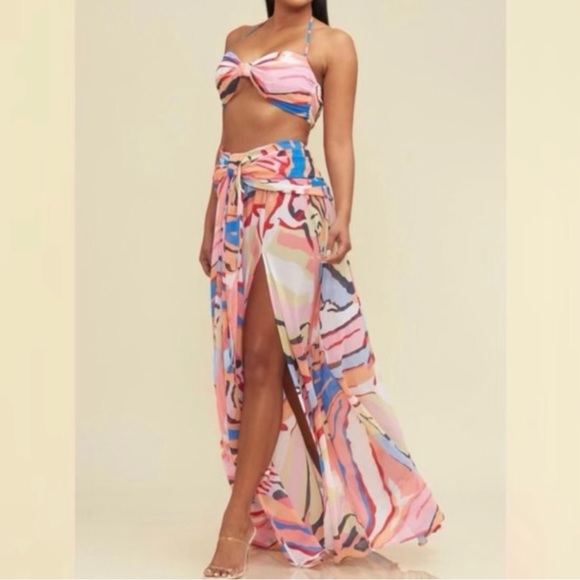 Two Piece Multicolor Abstract Tie Front High Slit Skirt And Top Set - Picture 3 of 4